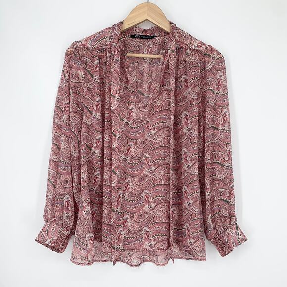 ZARA Paisley Metallic Neck Bow Pussybow Blouse, Pink - Picture 3 of 9